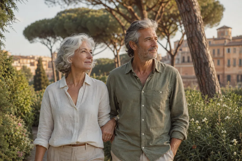 Una coppia matura passeggia in un giardino mediterraneo al sole del pomeriggio