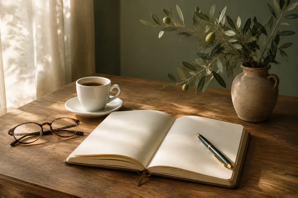 Un quaderno aperto, occhiali e un caffè su un tavolo illuminato dalla luce naturale